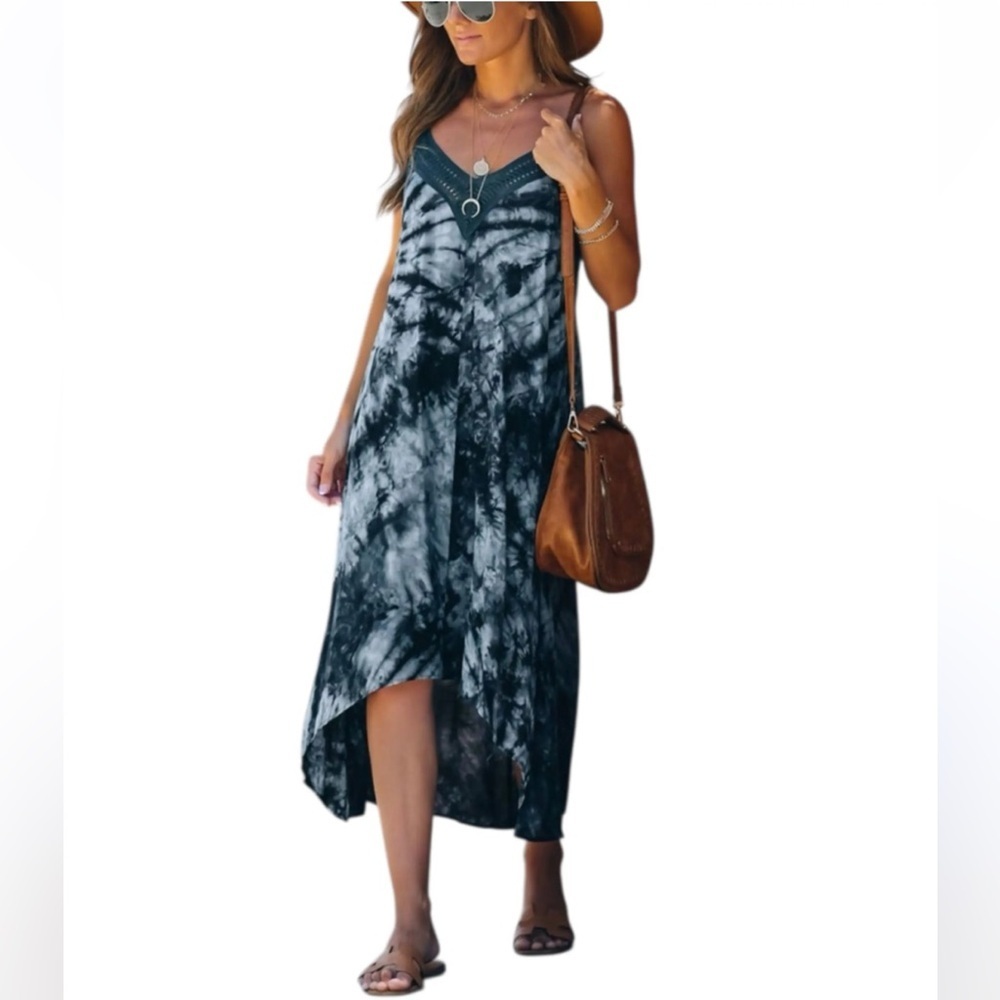 Lovestitch Tie Dye High Low Dress Navy Blue Sz Medium Crochet Neckline Tie-Dye